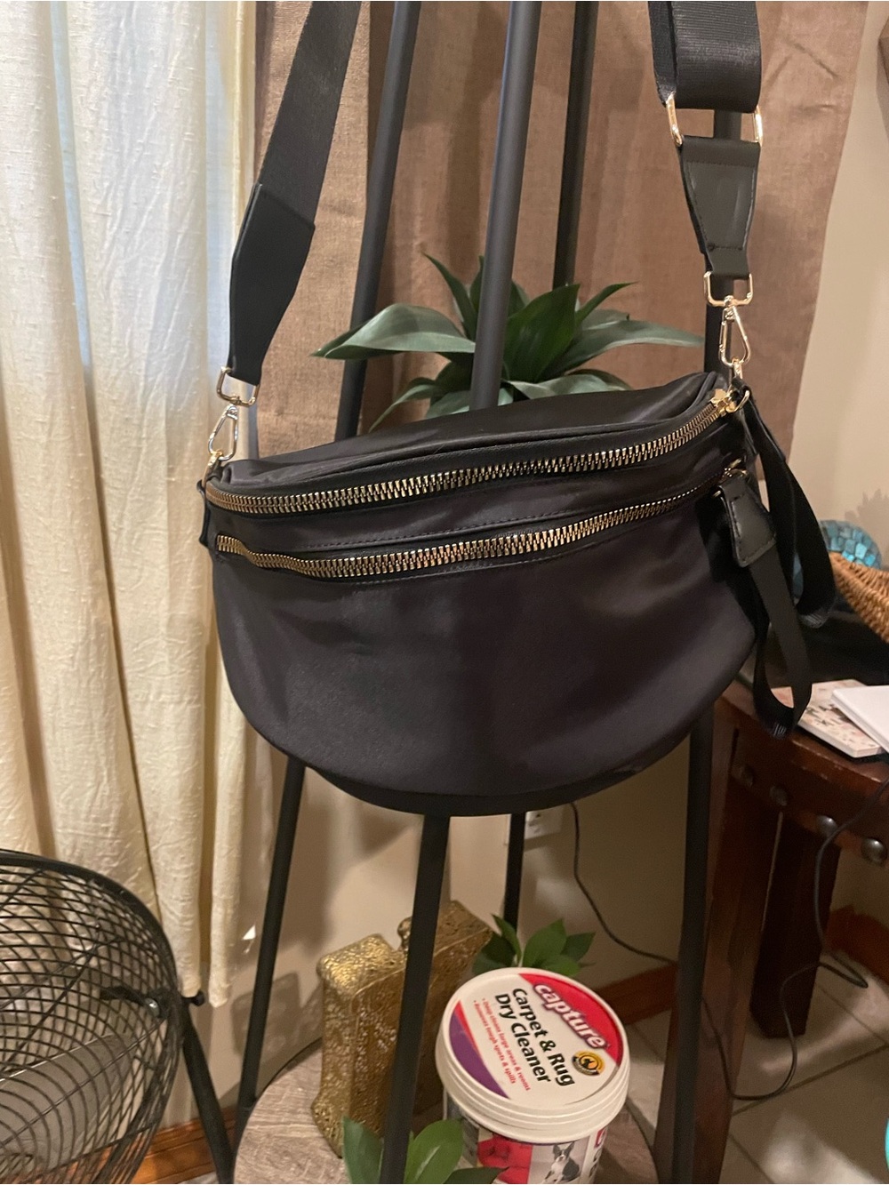 Black Crossbody Bag with Gold Zippers -